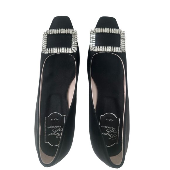 Roger Vivier Trompette Crystal Buckle Squared Toe Black Satin 70mm Pumps Size 11 - Picture 7 of 16